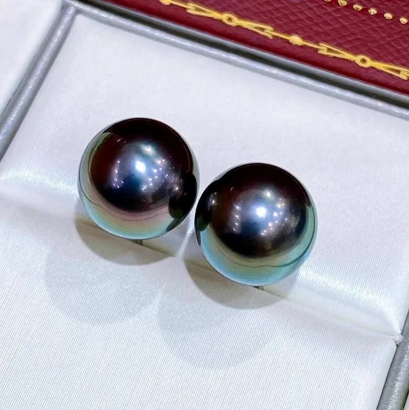 Perfect Round AAAAA 11-12mm South China Sea Black Natural Pearl Earrings 14K Gold