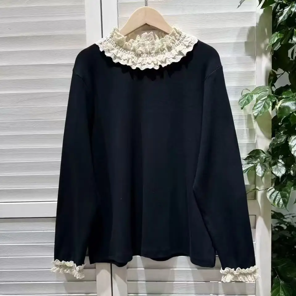 2026 Mori girl style long sleeve t shirt for women pullover Japan fashion winter lace stand collar  long sleeve backing shirts