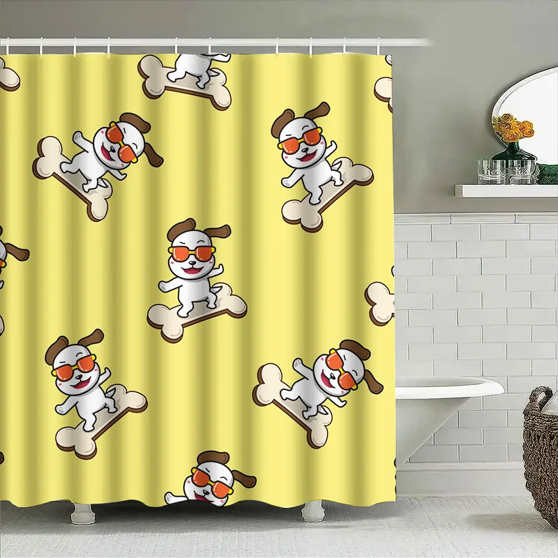 Pet-friendly dog shower curtain with cartoon design for bathroom decor yellow color scheme featuring skateboarding dogs on bones