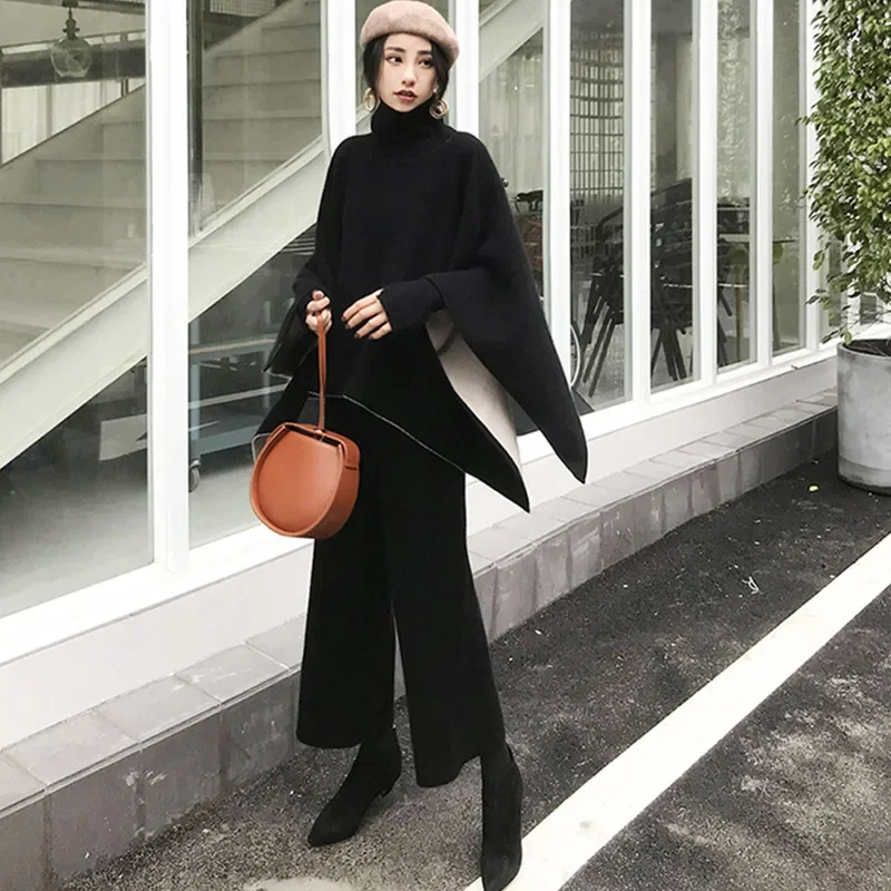 

2020 New Winter Knitted 2 Piece Set Women Solid Turtleneck Loose Cloak Top+High Waist Wide Leg Pants Vintage Fashion Coat Suits