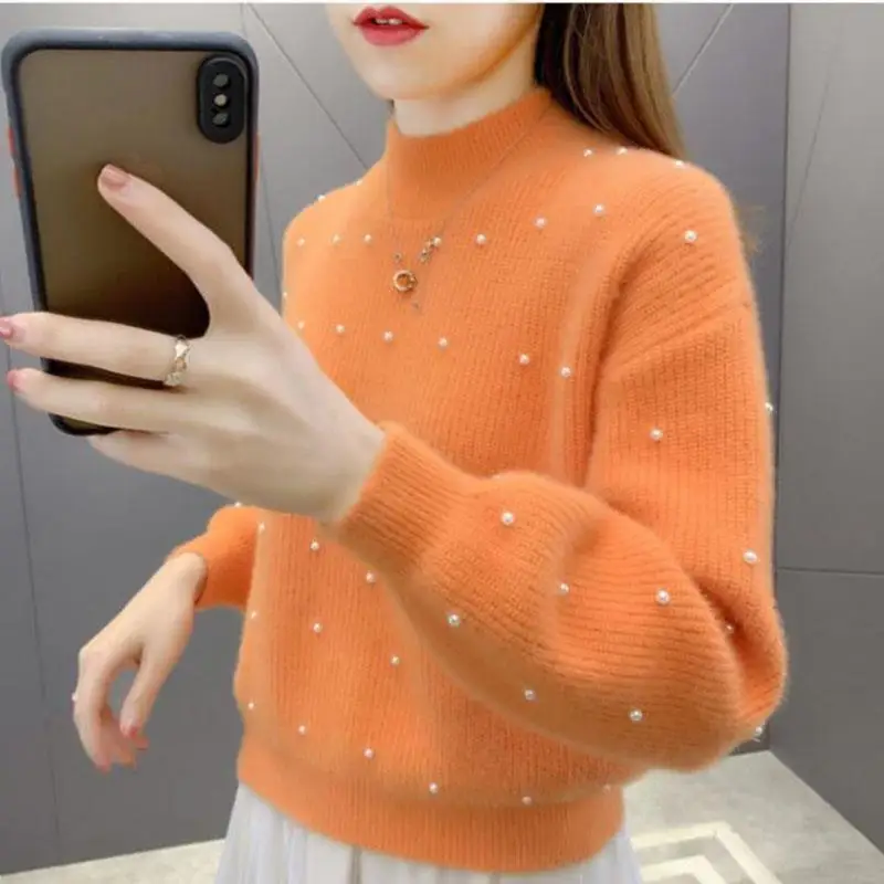 

Autumn Winter Women's Solid Pullover Screw Thread Turtleneck Lantern Long Sleeve Flocking Sweater Knitted Undershirt Casual Tops