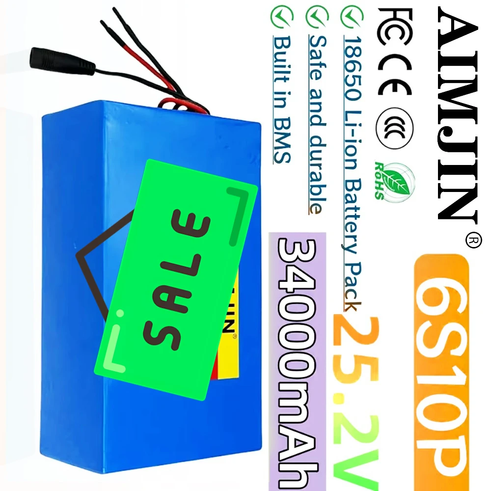 

6S10P battery pack 25.2V 34000mAh 18650 lithium-ion rechargeable with BMS for scooters+25.2V 2A charger