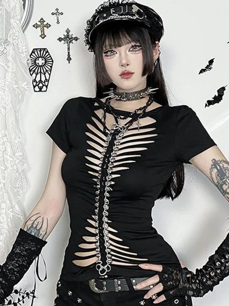 T-shirt d'été à manches courtes pour femme, style gothique noir, haut ajouré, chemise de travail élégante gothique, Blusas Mujer De Moda