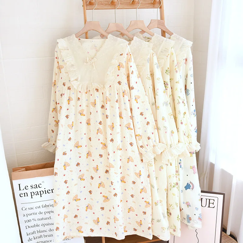 Crepe Lace V-neck Pullover Nightdress Women' Cotton Double-layer Crepe Cloth Four-season Thin Long-sleeved Outer Wear Home Skirt