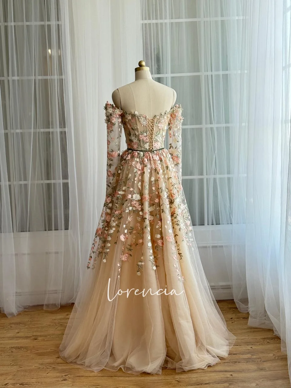 Lorencia Floral Appliques Tulle Prom Dresses Off the Shoulder Long Sleeves A-Line Wedding Party Dresses Customized Lace Up Back