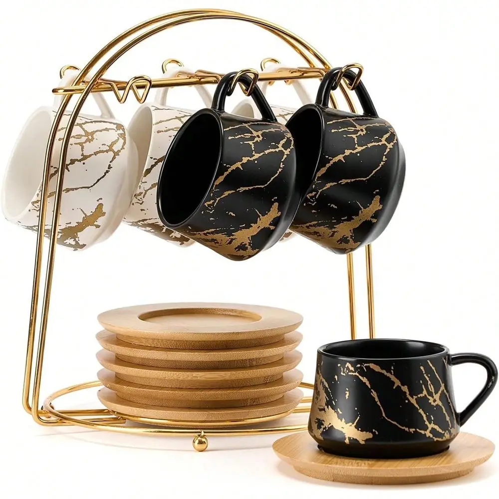 

Coffee Espresso Cups With Saucers Set With Metal Holder, 4 Oz Porcelain Demitasse Cups For Tea, Espresso, Latte, Coffee, Cafe M