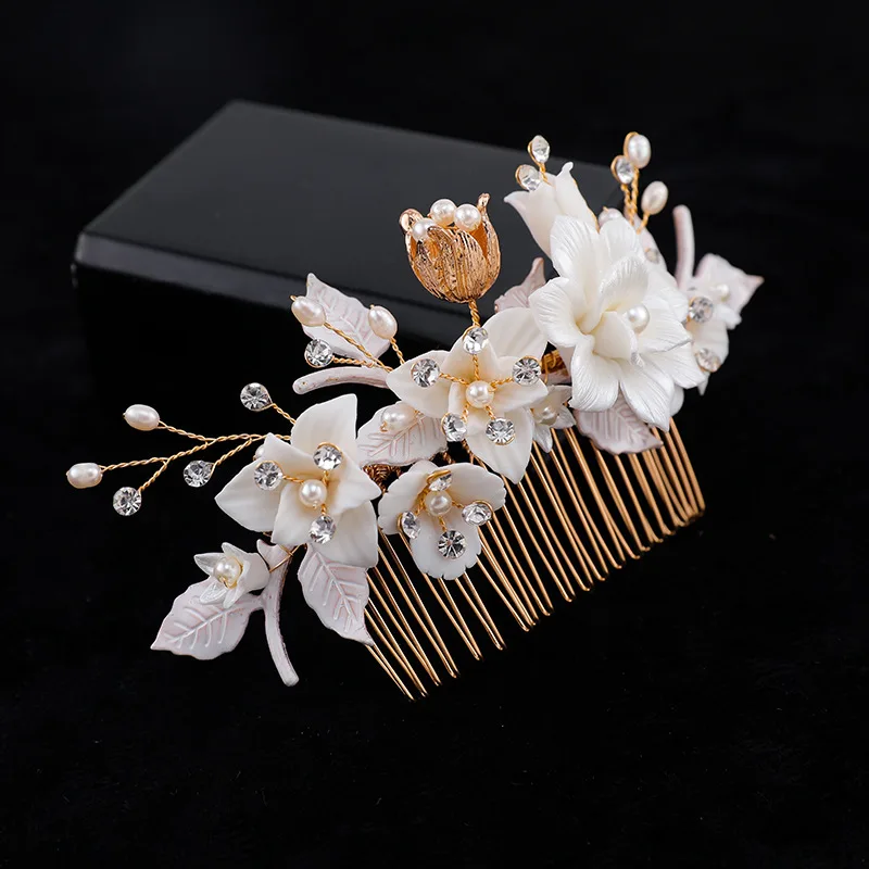 Bridal Hair Piece Comb Ceramic Floral Women Freshwater Pearls Jewelry Gold Color Wedding Headpiece Accessories