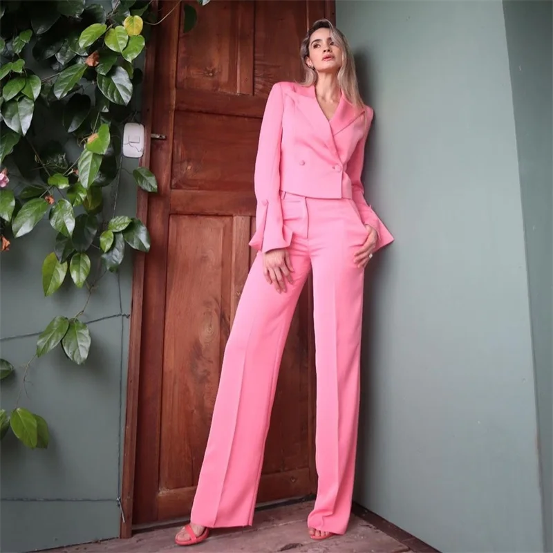 Pink Women Suits Set Blazer+Pants 2 Pcs Shortened Jacket With Split Sleeves Spring Formal Prom Dress Party Coat Solid Color