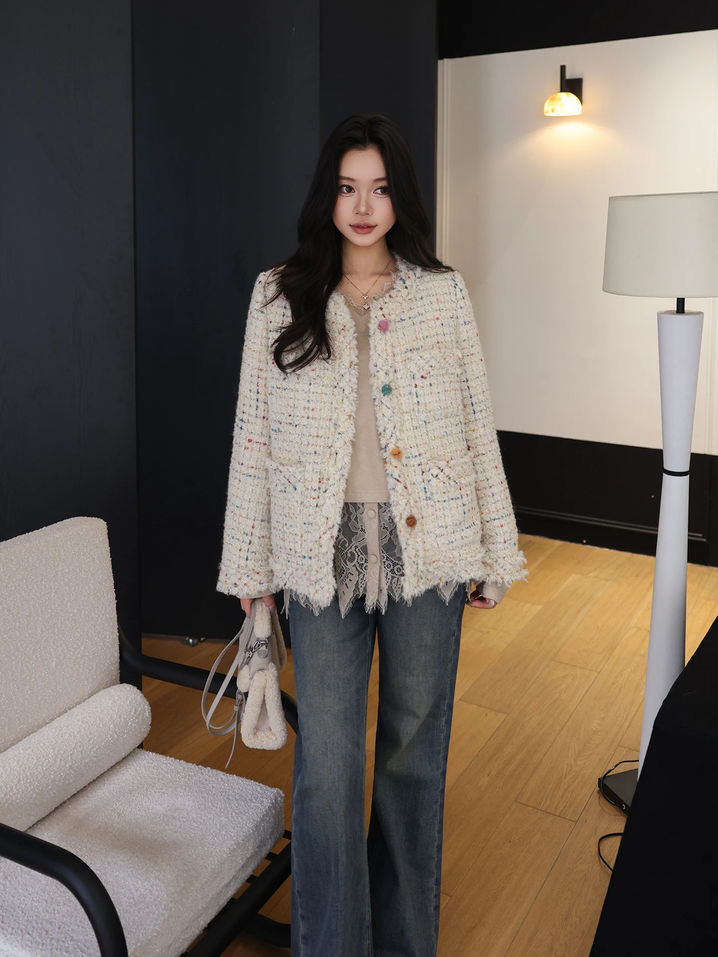 

Женское пальто MeHomeYang из гусиного пуха с золотистым твидом, повседневное, свободного кроя, теплое, утолщенное, с длинными рукавами