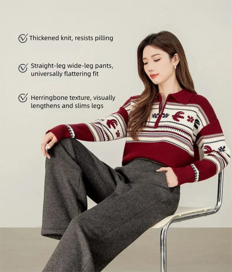 SENTUBILA Fleece-gefütterte Hosen für Damen 2026 Winter Acetat Elastischer Bund Weites Bein Lässige Vielseitige Hosen 154KD3652 – Detail 7