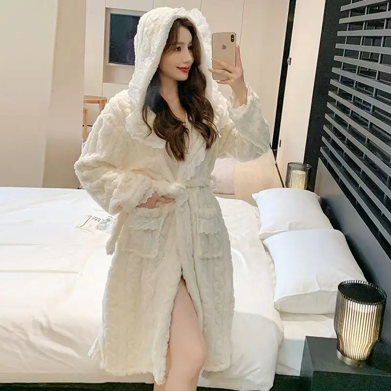 Winter Women's Warm Robes Thick Long Sleeve Hooded Ladies Dressing Gown with Pockets Lace Patchwork Pajama Robe for Female