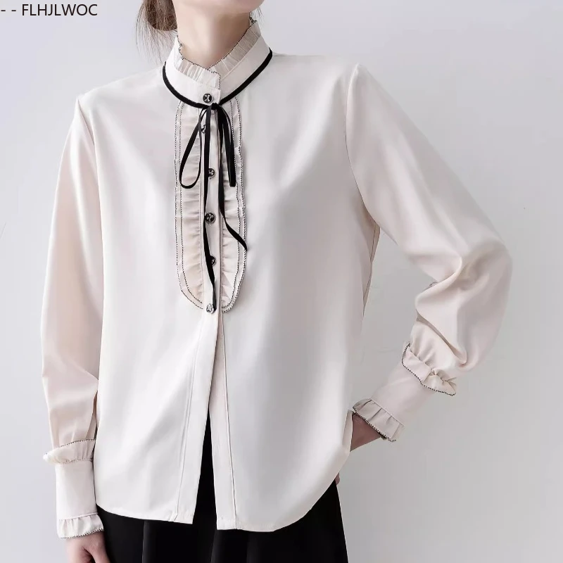 フリル付きレディースブラウス　2025年秋新作　キュートでスイートな女の子向け　プレッピースタイル　レースアップ　蝶ネクタイ　フォーマル　オフィスレディー　ベーシックシャツ