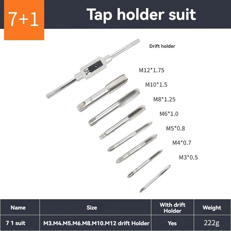 Hssハンドスクリュータップダイレンチ、Schroefdraadプラグタップ、m3 m4 m5 m6 m8 m10 m12、meetbareタップレンチ、1/4 "、16-1/2" 、8個