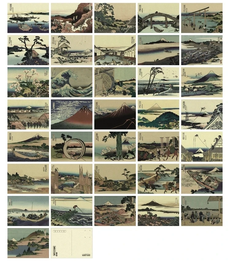 Vintage Kraft Paper Postcards Katsushika Hokusai Art Themed Greeting Card Thirty-six Views of Mount Fuji Printed Lettercard