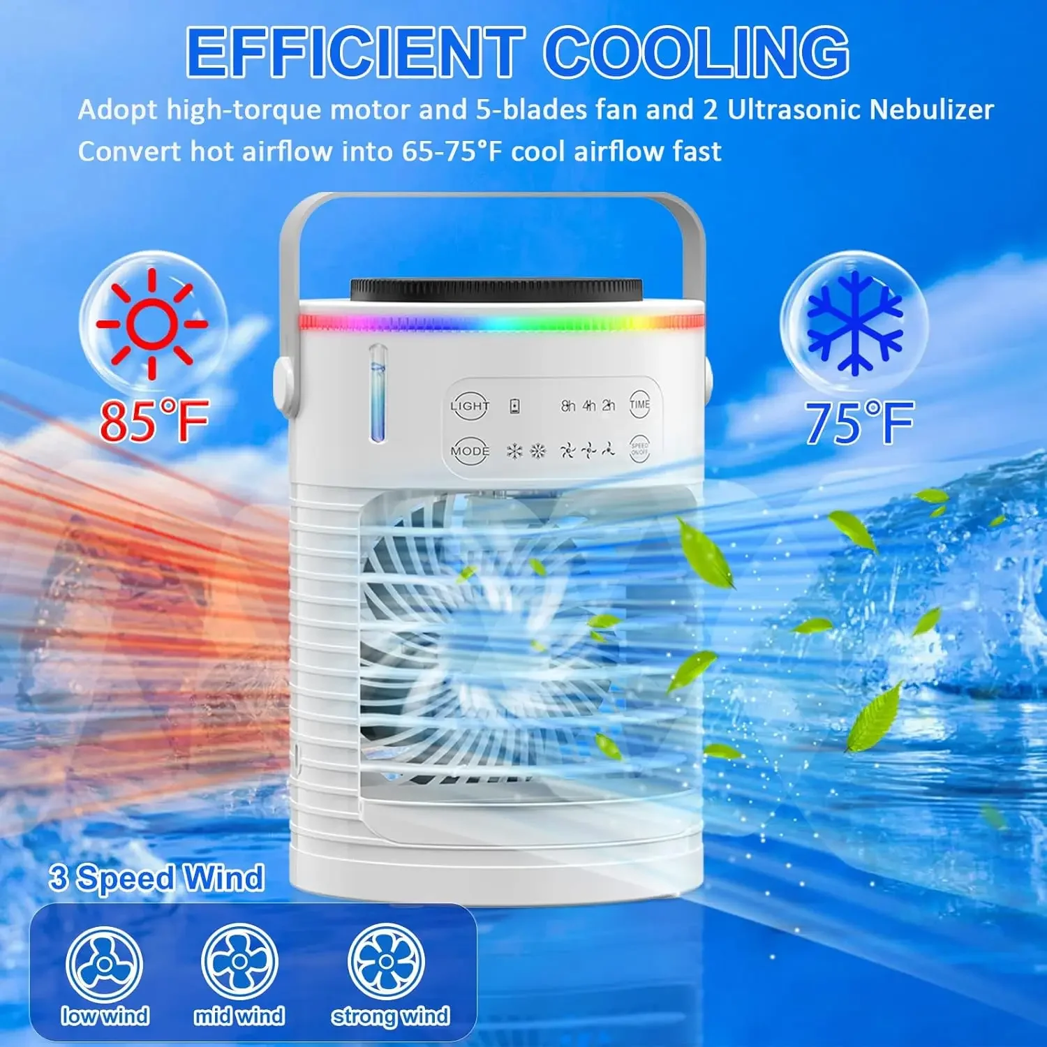 냉각력: 휴대용 충전식 에어컨 선풍기, 조용한 작동, 오래 지속되는 6000mAh 배터리, 3 단계 속도 설정, Perso