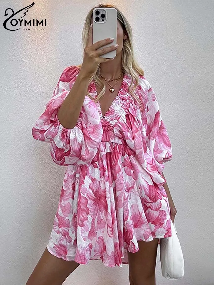 Oymimi Elegant Pink Loose Dresses For Women Casual Print V-Neck Lantern Sleeve Dressse Summer High Waist Mini Dress Streetwear