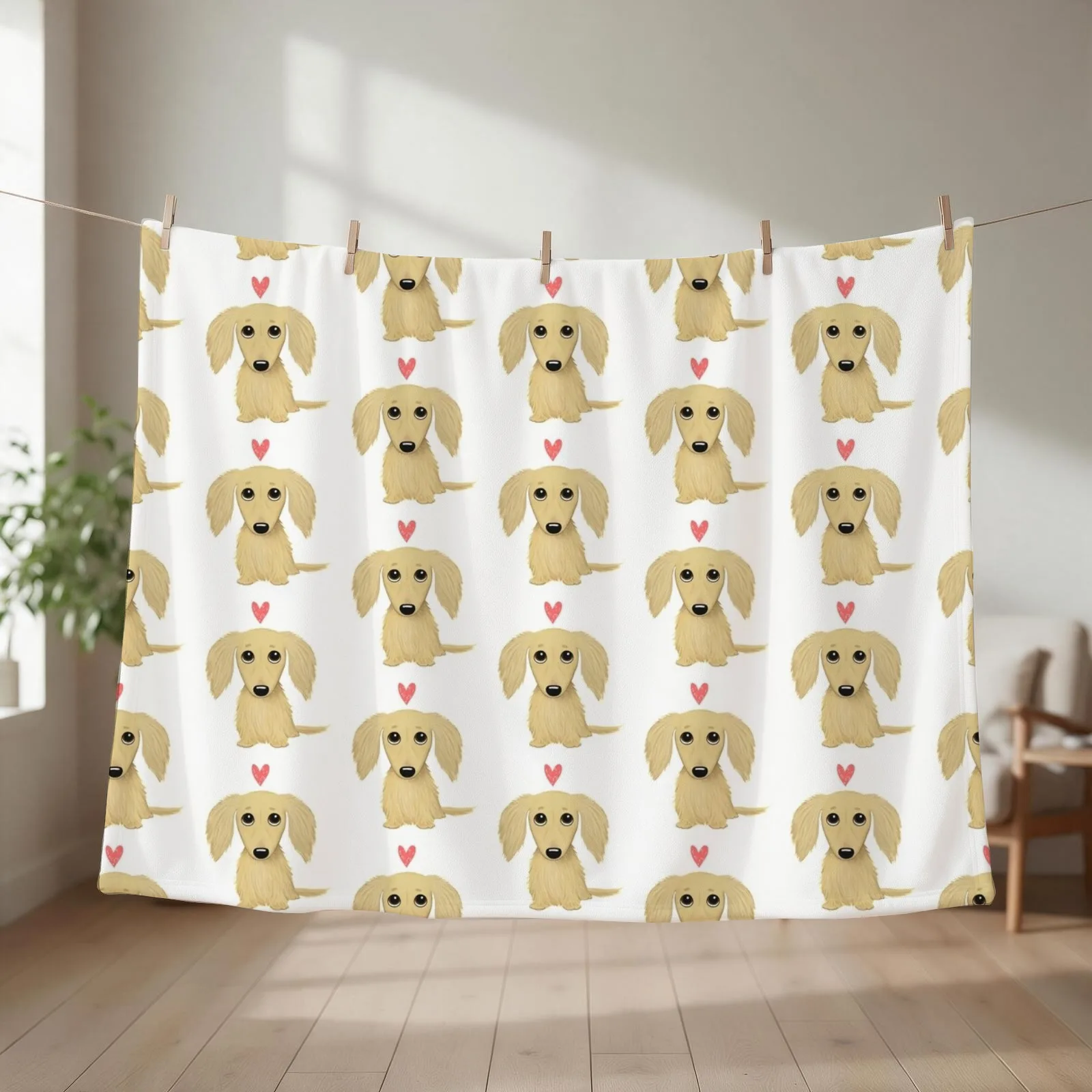Longhaired Cream Dachshund Cartoon Dog with Heart Throw Blanket Luxury Thicken Sleeping Bag Nap Quilt Blankets