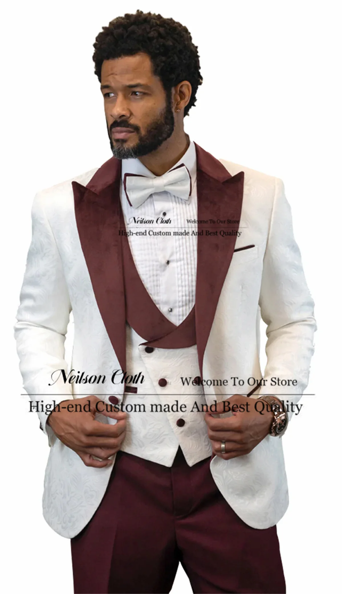 

Jacquard White Male Prom Blazers 3 Pieces Sets Burgundy Pants Groom Wedding Tuxedos Customized Notched Lapel Costume Homme