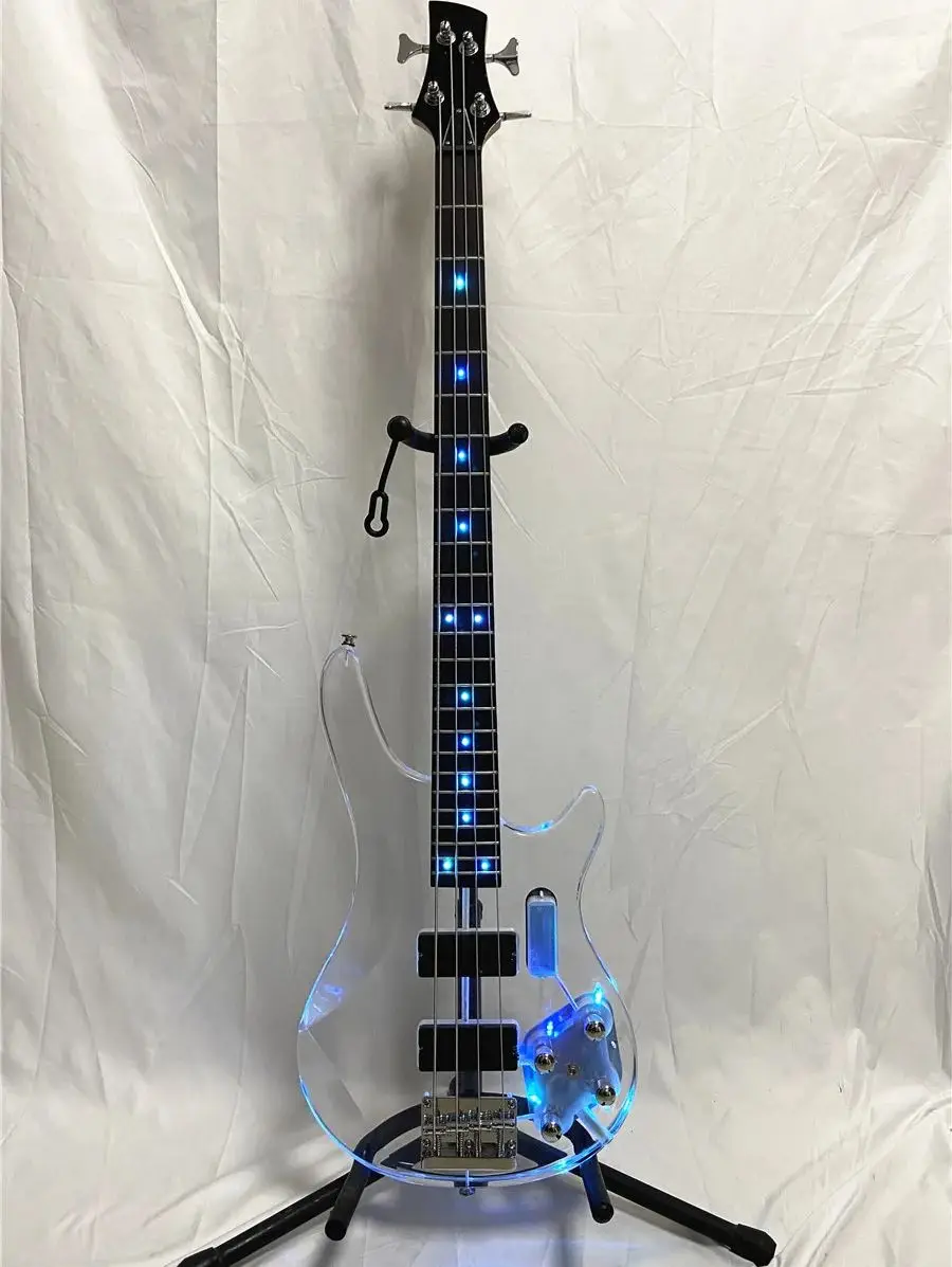 Crystal Acrylic Body 4 String Electric Bass Guitar Active Pickups with LED lights flashing Professional Bass Guitar