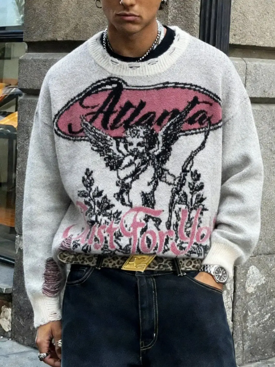 

Spring, Autumn, and Winter Men's and Women's Artistic Retro Oil Painting Style Cute Cupid Angel Letter Pattern Jacquard Craft Hem Tear Design Apricot Color Long-Sleeve Sweater Round Neck Casual Versatile Loose Shoulder-Drop Pullover Knitwear Top