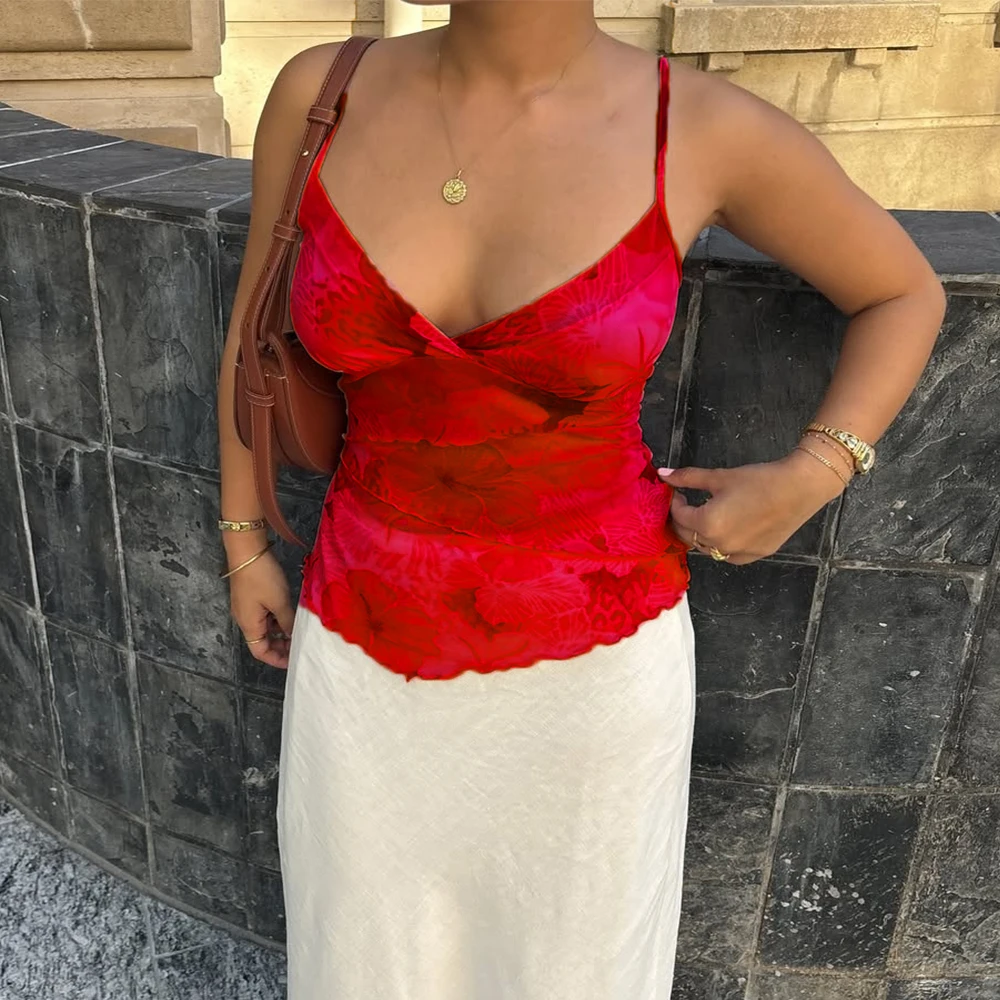 Women Summer Vintage y2k Aesthetic Crop Tops Floral Print Boho Sleeveless Spaghetti Strap Mesh See Through Coquette Tanks Camis image 3