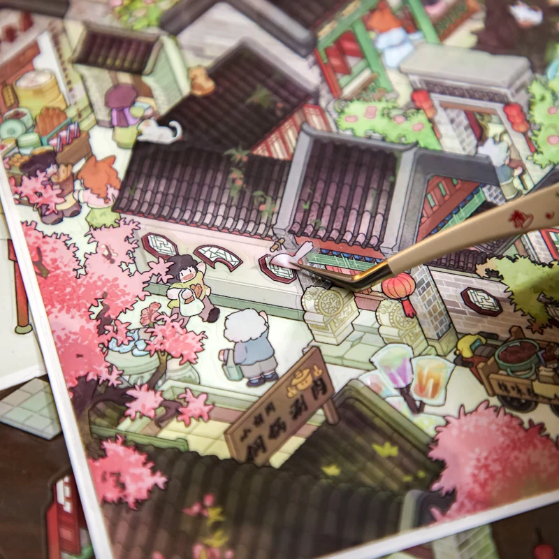 Kawaii Peach Blossom Courtyard 3D Jiangnan Courtyard Landscape Sticker  DIY Pocket Cabin Scene festival gift