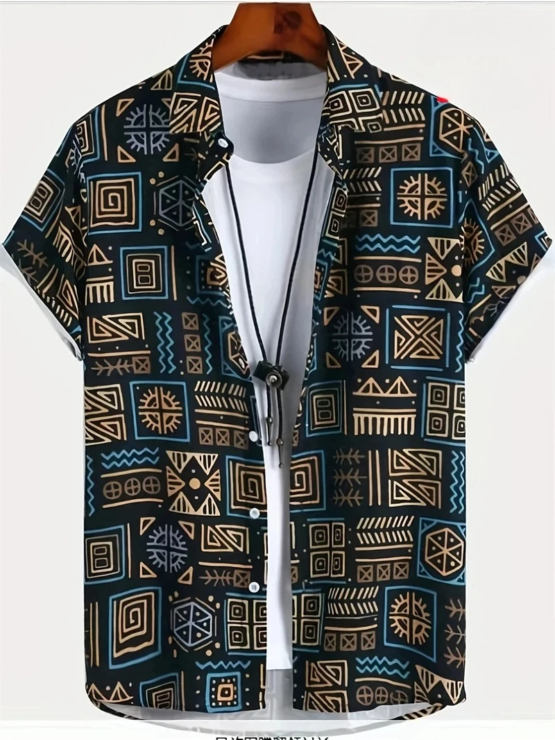 Men's Hawaiian 3D Paisley Pattern Short-Sleeved T-shirt-Casual Buttoned Men's Clothing - Summer Loose Bohemian Style Men's Shirt
