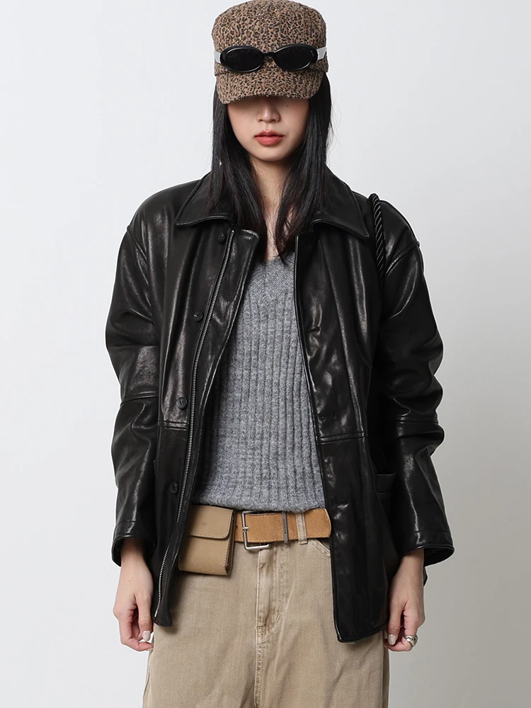 

Casual Genuine Leather Blazer Jackets for Women Spring Autumn High-end Simple Vintage Loose Soft Black Real Sheepskin Coat