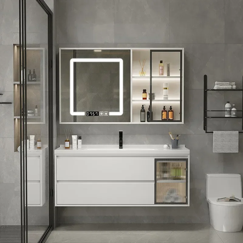 

Simple Modern Solid Wood Bathroom Cabinets Ceramic Integrated Washbasin Makeup Display Mirror Bathroom Vanity Bathroom Furniture