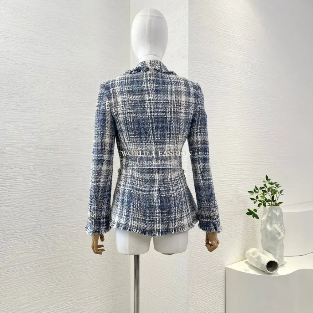 

Blue Knit Lapel Tweed Long Sleeve Blazer Jacket Tops 2025