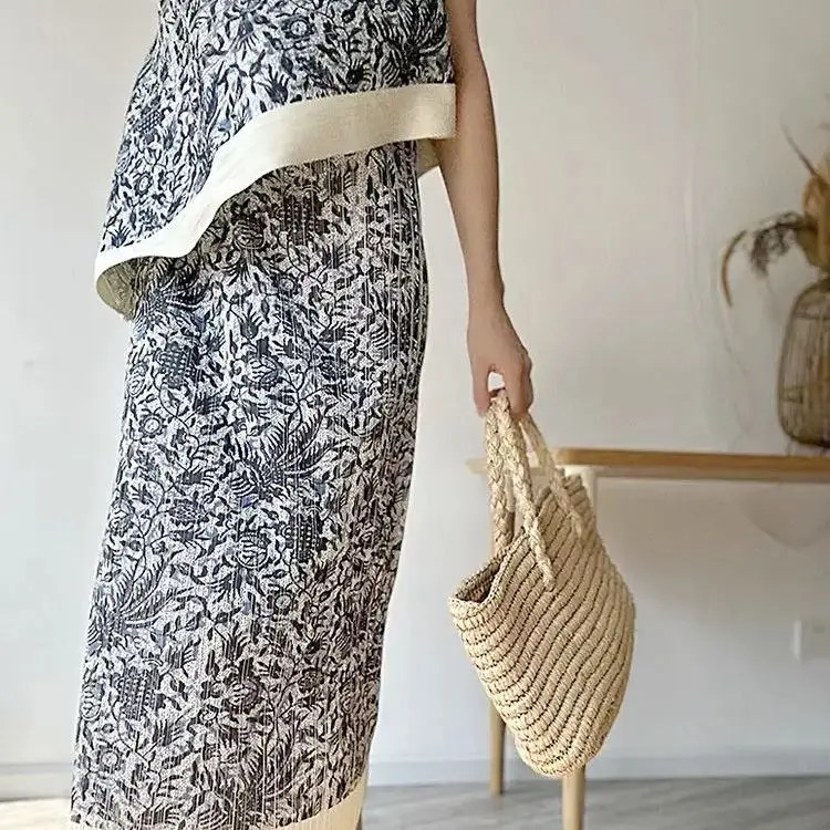 Senior Sense Sleeveless Pleated Blue Printed Women'S Set Irregular Vest + Straight Half Skirt Two Piece 2024 Summer New Set