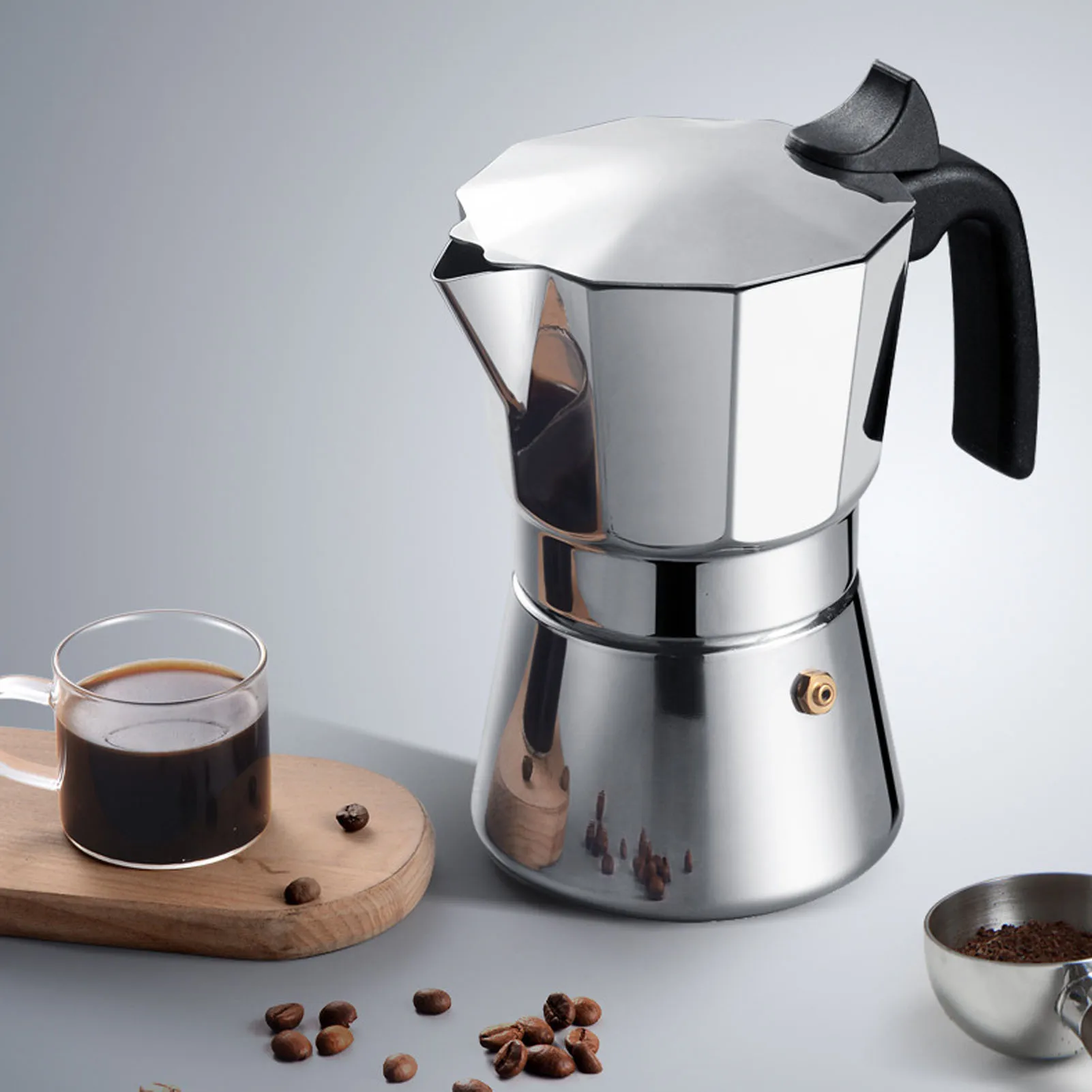 

Stainless Steel Stovetop Coffee Maker Octagonal Pot Even Heat Distribution 150ML Silver Kitchen Coffee Brewing Tool