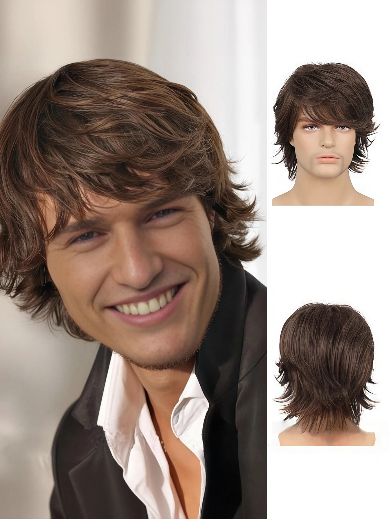 Brown Layered Wolf Cut Wig for Men, Natural Synthetic Hair with Textured Fringe for Daily and Cosplay Looks