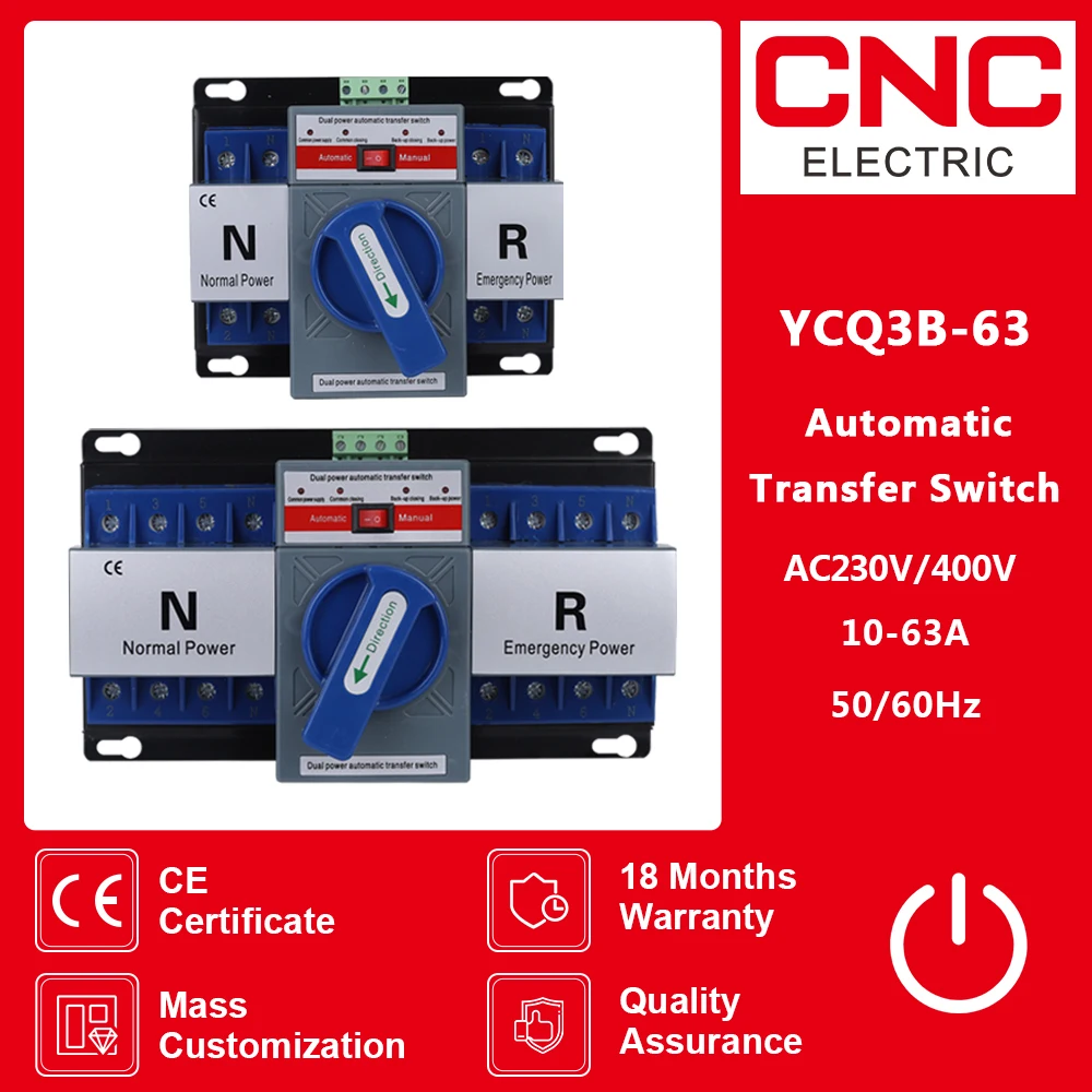 CNC 2P/4P 63A 50/60Hz ATS Dual Power Automatic Transfer Switch AC230V/400V Electrical Selector Switches