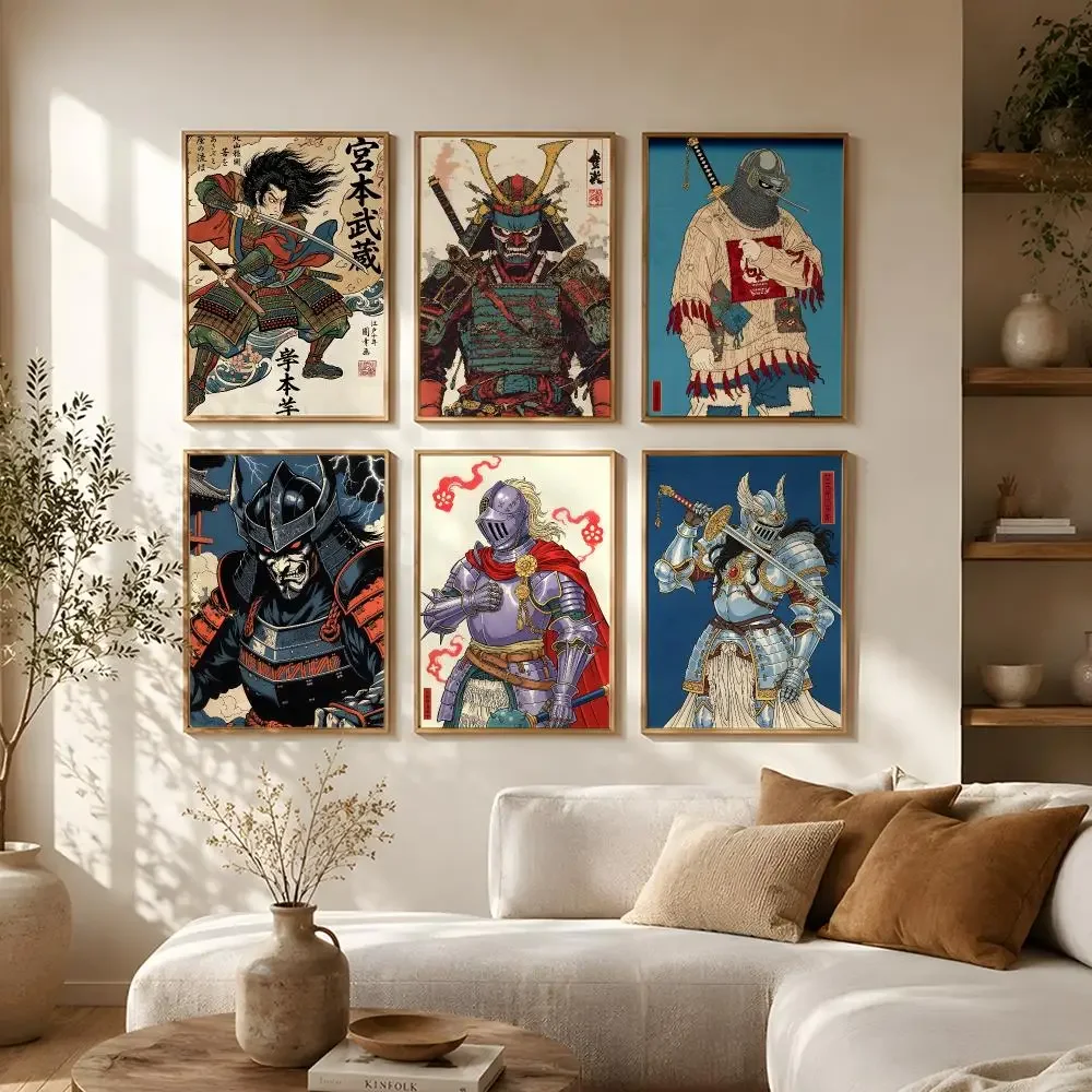 Artwork Ukiyo e Samurai Poster Self Adhesive HD Mural Wall Decals, Living Room Bedroom Home Decor Gift