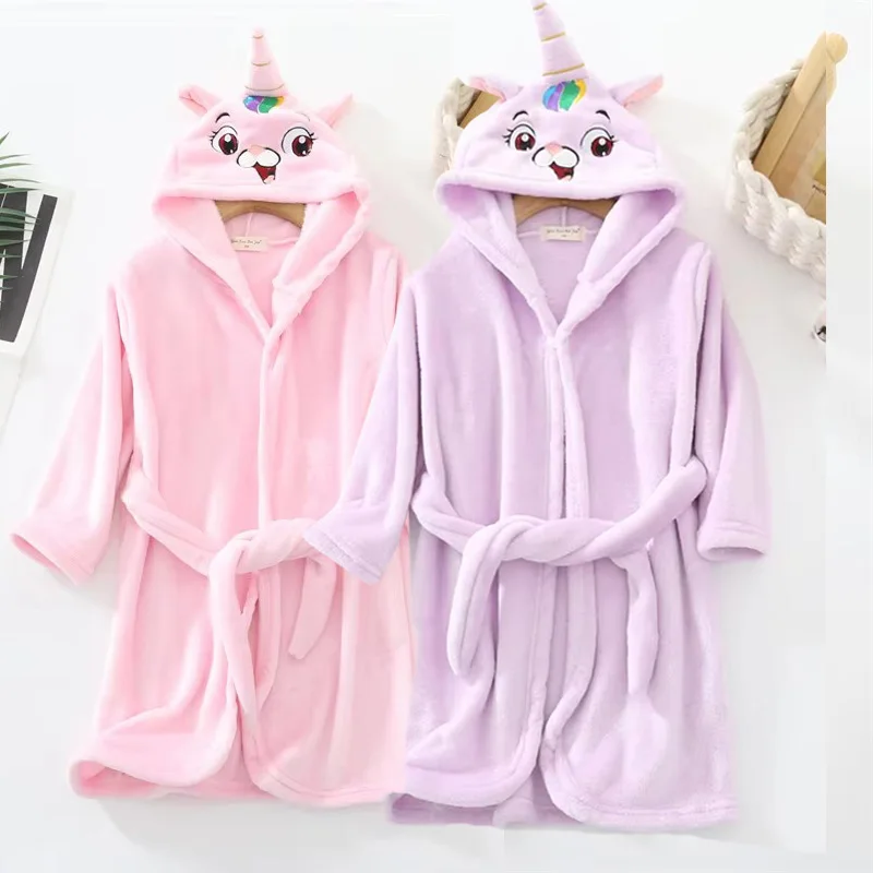 Kids Flannel Bathrobe Children Hooded Thickened Pajamas Boys Girls Winter Fleece Sleepwear Teenager Autumn Cartoon Clothing