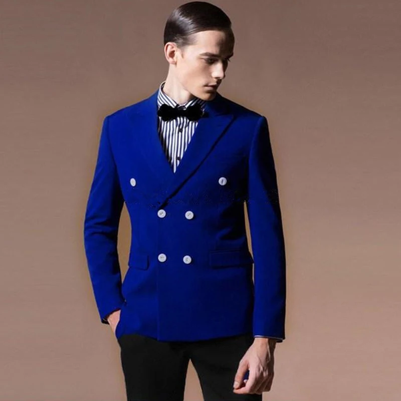 

Men Suits Set 2 Pieces Royal Blue Double Breasted Tailored Collar Blazer Black Pants Suit For Wedding Prom Party Coat Tuxedos