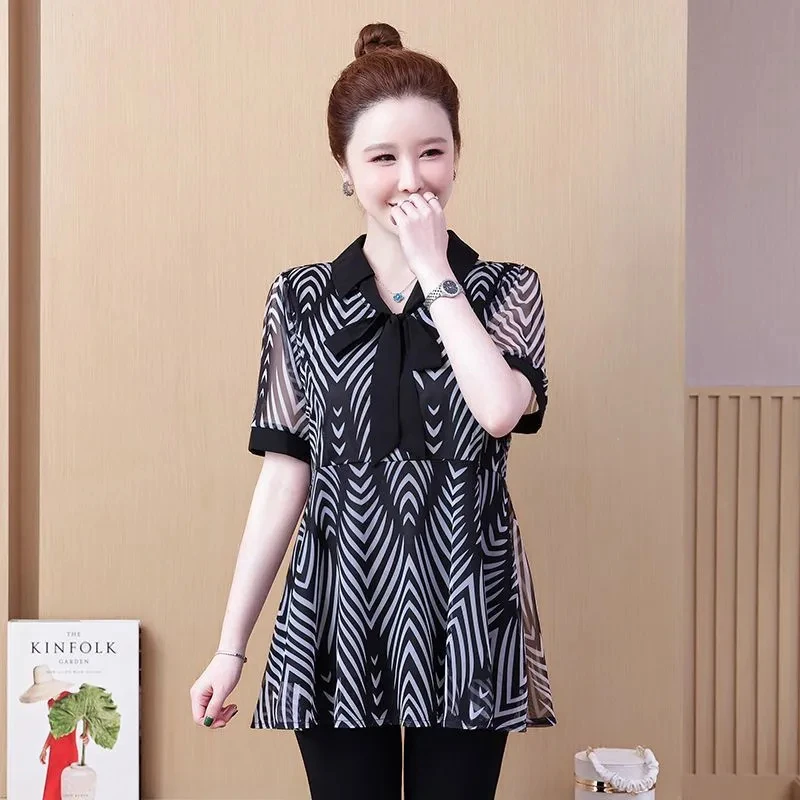 

7XL Women Spring Summer Blouses Shirts Lady Fashion Casual Half Sleeve Turn-down Collar Flower Printing Blusas Tops G2840