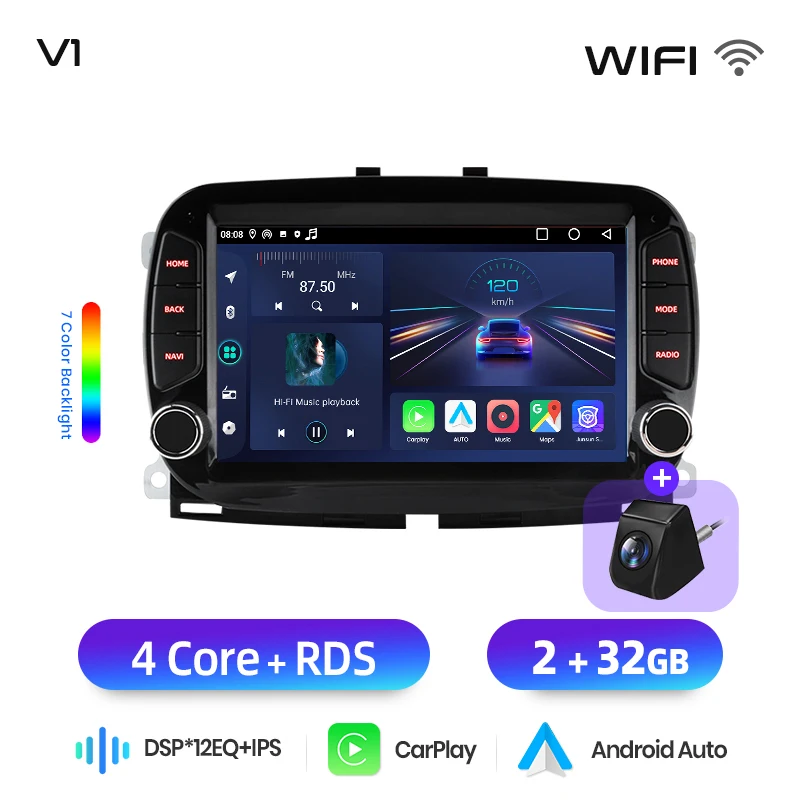 Junsun 7 "Draadloze CarPlay Android Auto Radio voor Fiat 500 2016 2017 2018 2019 GPS Stereo Multimedia WiFi 4G 8core RDS