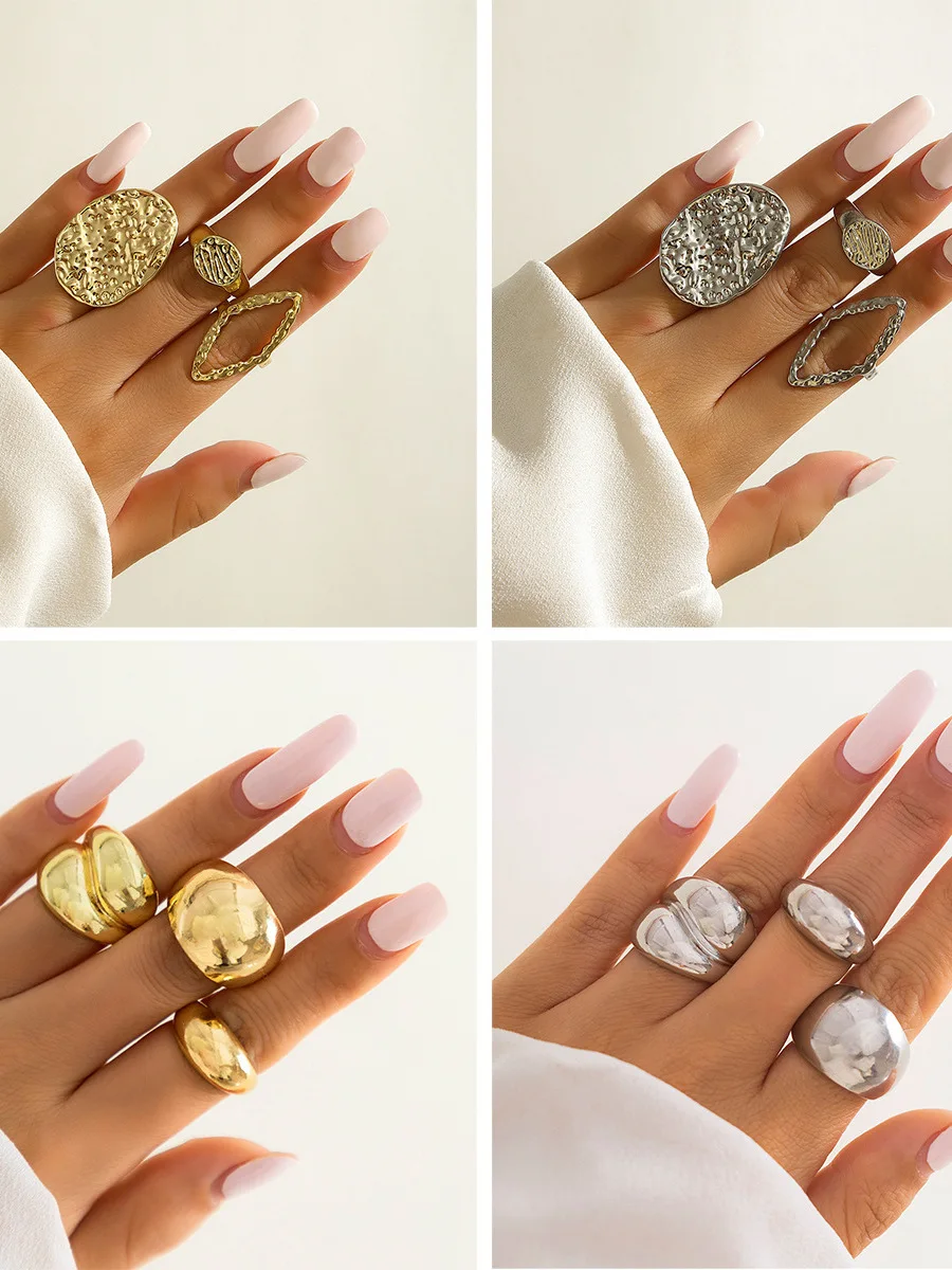 

Extravagant Open Ring Set Geometric Arc Surface Trendy Design Cross-Border Fashion Jewelry Alloy Material Elliptical Shape fo...