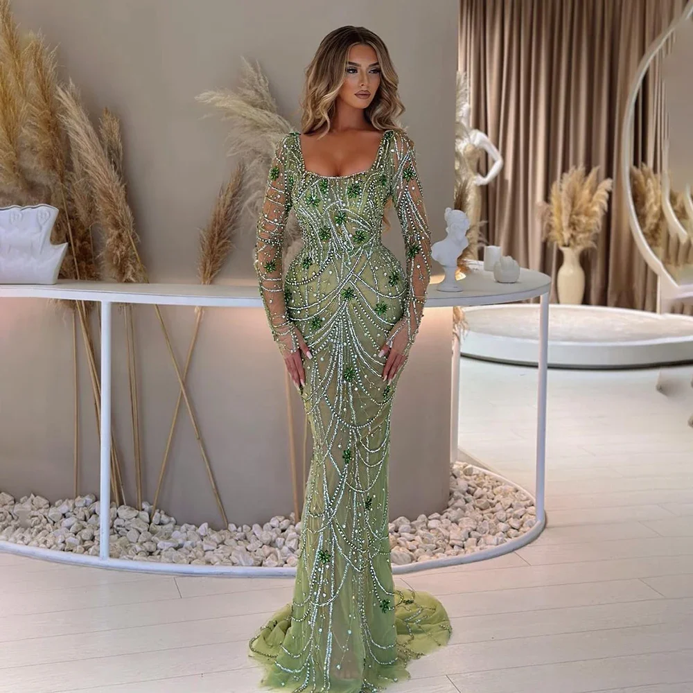 Vestidos de Noche árabes con cuentas de cristal para mujer, sirena verde de Dubái de lujo, elegantes, para fiesta de boda, 2024 LA72242