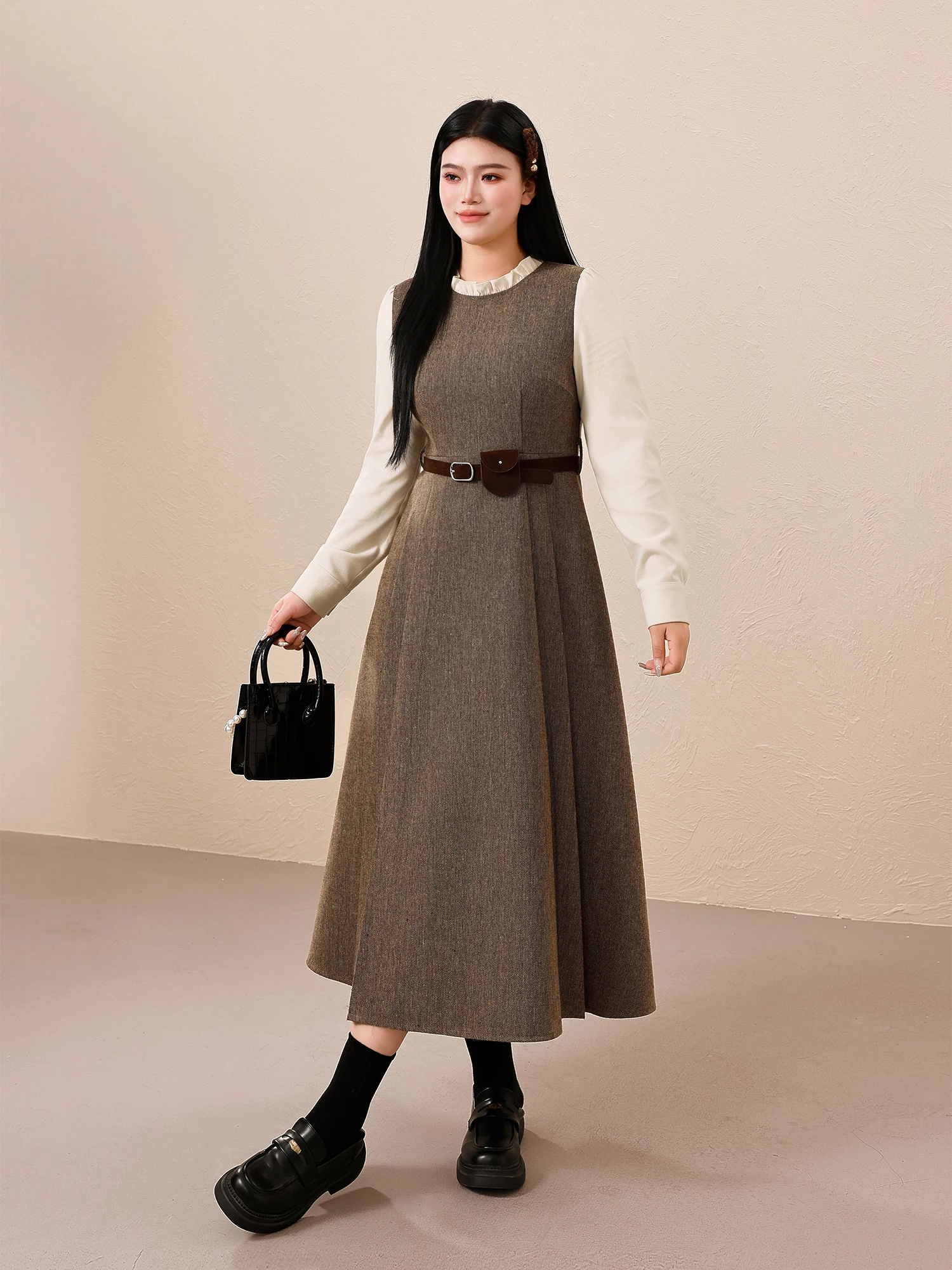 

Warmth Fro Skirt Women's plus Size Autumn Winter High Waist H-Line Long Sve Zipper Ba Sle College Sle Slimming Dr