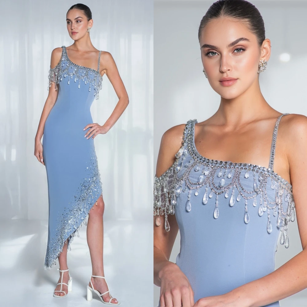 فستان سهرة فاخر مخصص من الجيرسيه مطرز بالخرز، فساتين كلاسيكية بكتف واحد لحفلات العودة للوطن، فساتين مناسبة مخصصة من الكريستال اللامع