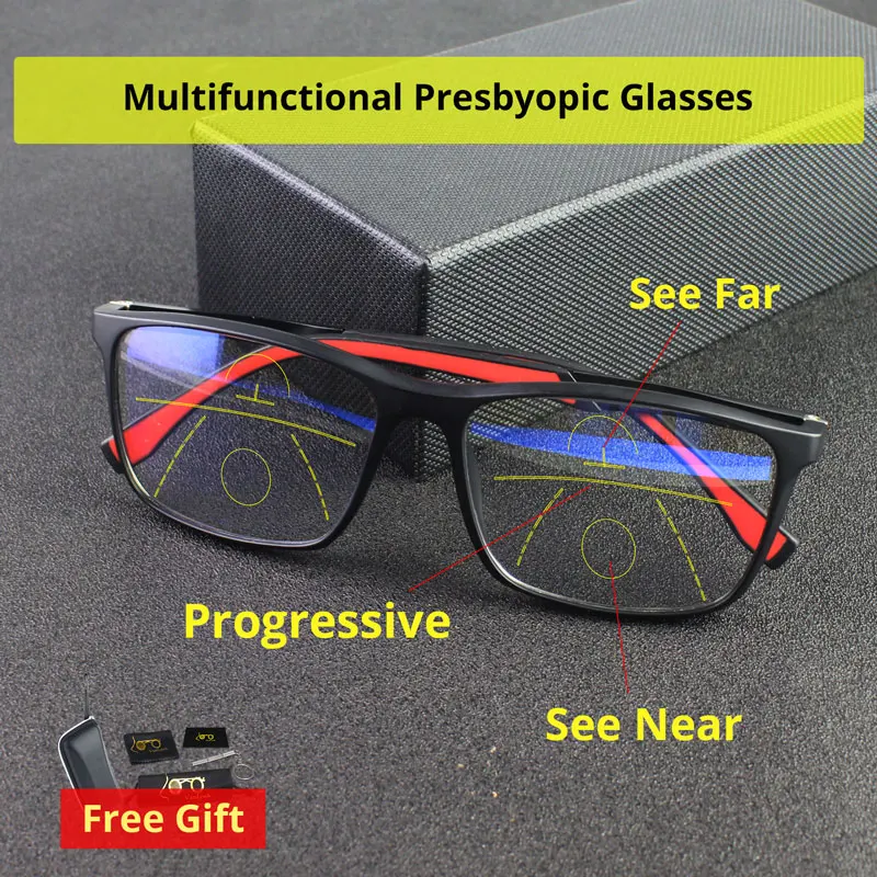 Men Women Progressive Multifocal Reading Glasses Blue Light BlockingTR90 Aluminum Magnesium Sport Square Frame Eyewear UV400+2 3