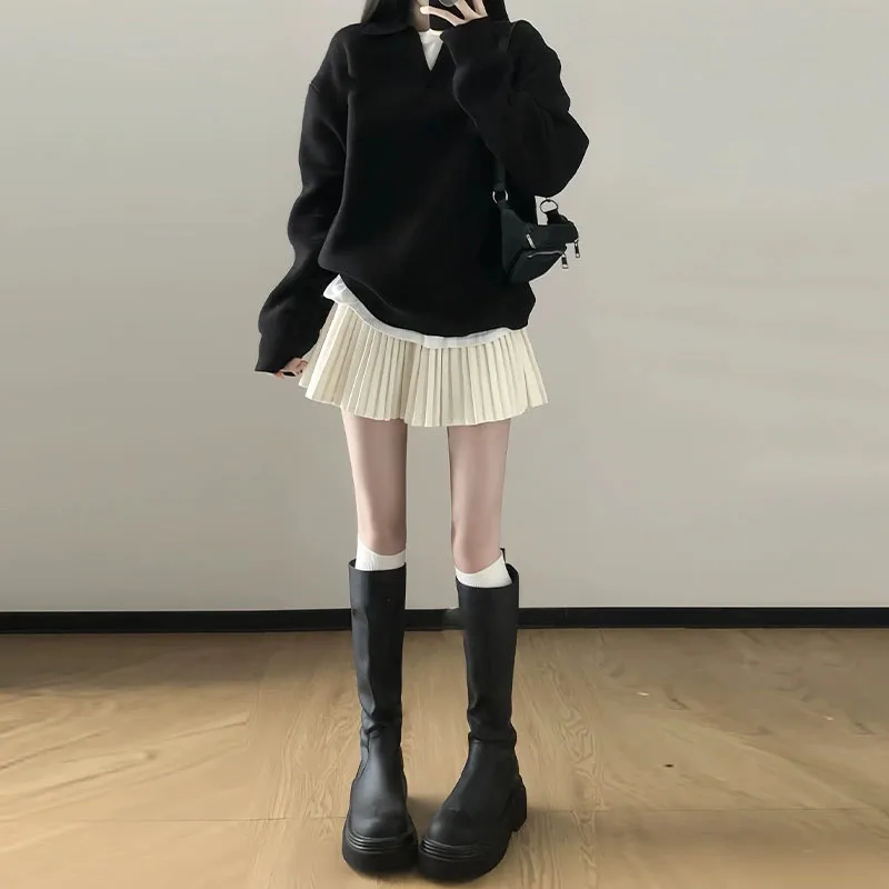 여성 가을 ​​새로운 모직 플리츠 스커트 한국어 하이 웨이스트 슬리밍 미니 스커트 여성 편안한 신축성 데일리 a 라인 스커트