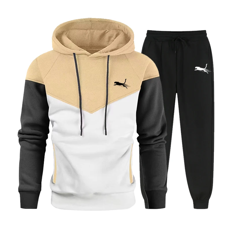 Autumn Winter New Men\'s Print Hoodies Outdoor Sportswear Set Street Simplicity Fashion Hooded Sweatshirt Two Color Matching Top