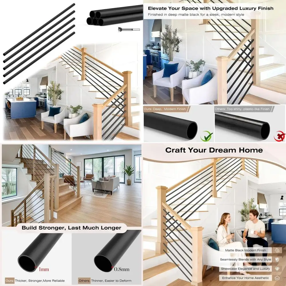 

Набор из 6 матовых черных железных горизонтальных балясин 5/8 дюйма для внутренних лестниц и коридоров