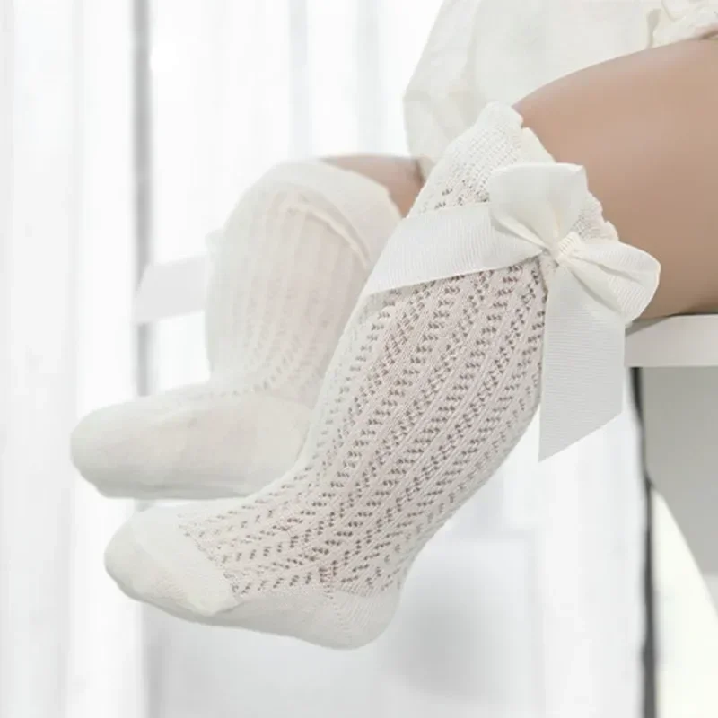 2 Pairs Newborn Baby Socks Girls Soft Cotton Knee-High Socks Cute Bow Design Breathable Mesh Summer Socks 0-3 Years