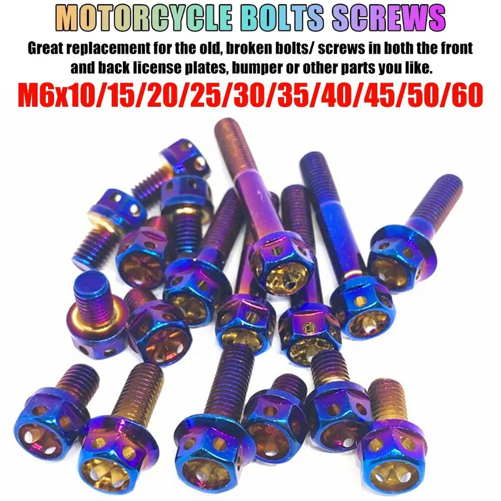 M6 Titanium Bolt With Drilled Holes 10/15/20/25/30/35/40/45/50/60 Hex Head Screws Blue Titanium Flange Motorcycle