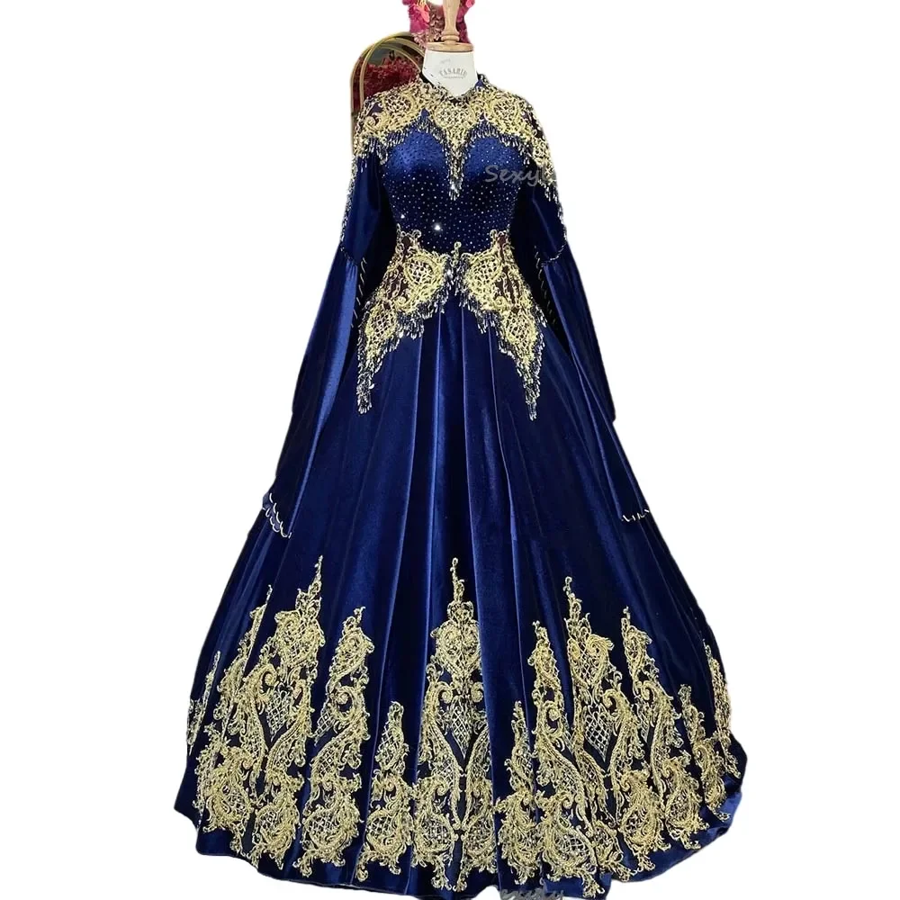 AA36 Customized Royal Blue Morrocan Evening Dresses Muslim High Neck Turish Prom Dresses With Caftan Sleeve Cape Robe De Mariage